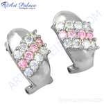 将图像加载到图库查看器中， Silver hoop earrings with white and pink cubic zirconia stones, perfect for women&#39;s fashion jewelry.
