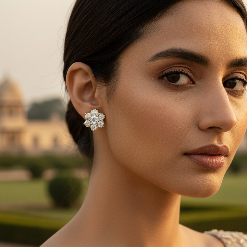 gold plating Diamond Flower Stud Earrings | Women's Floral Jewelry