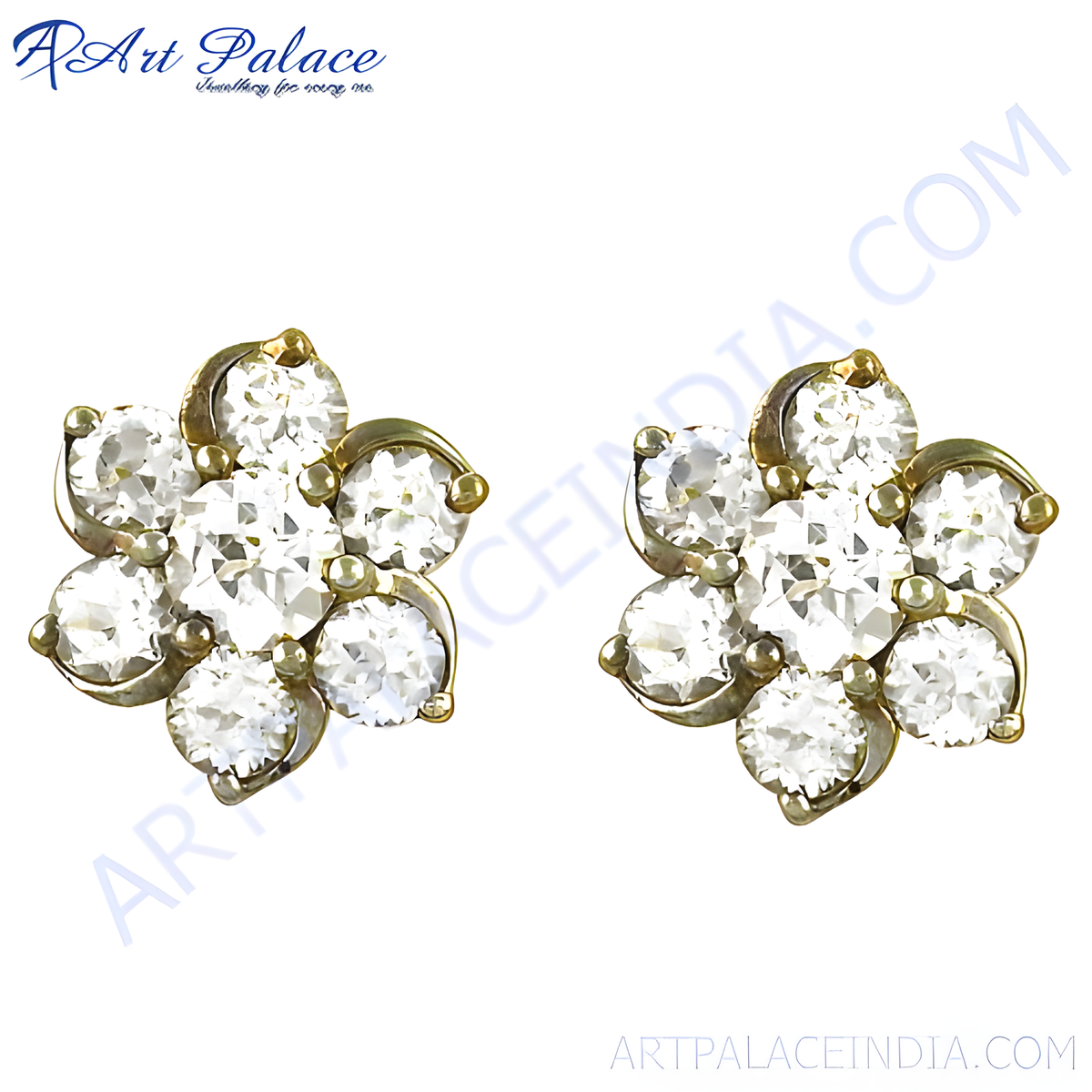 Gold flower stud earrings featuring multiple clear diamonds