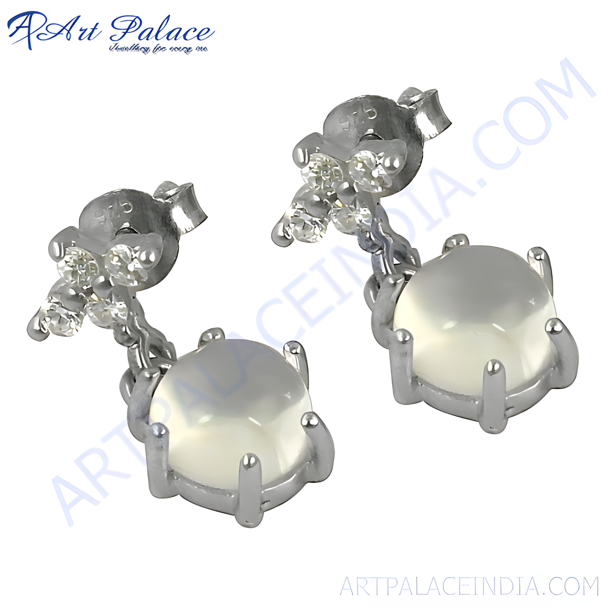 925 sterling silver moonstone stud earrings with white gemstones, elegant and dainty for women