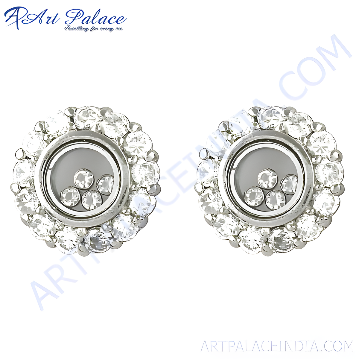 Silver stud earrings featuring floating diamonds, a brilliant and elegant design for women