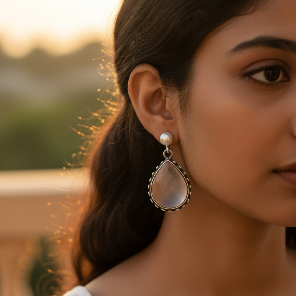 925 Silver Pink Gemstone Teardrop Earrings for Women