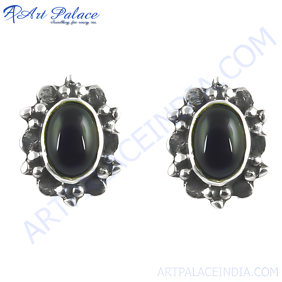925 sterling silver stud earrings with oval black onyx gemstones, perfect for any occasion.