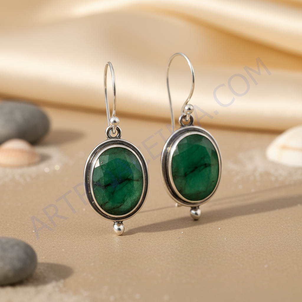 925 Silver Emerald Drop Earrings for Women | Gemstone Jewelry