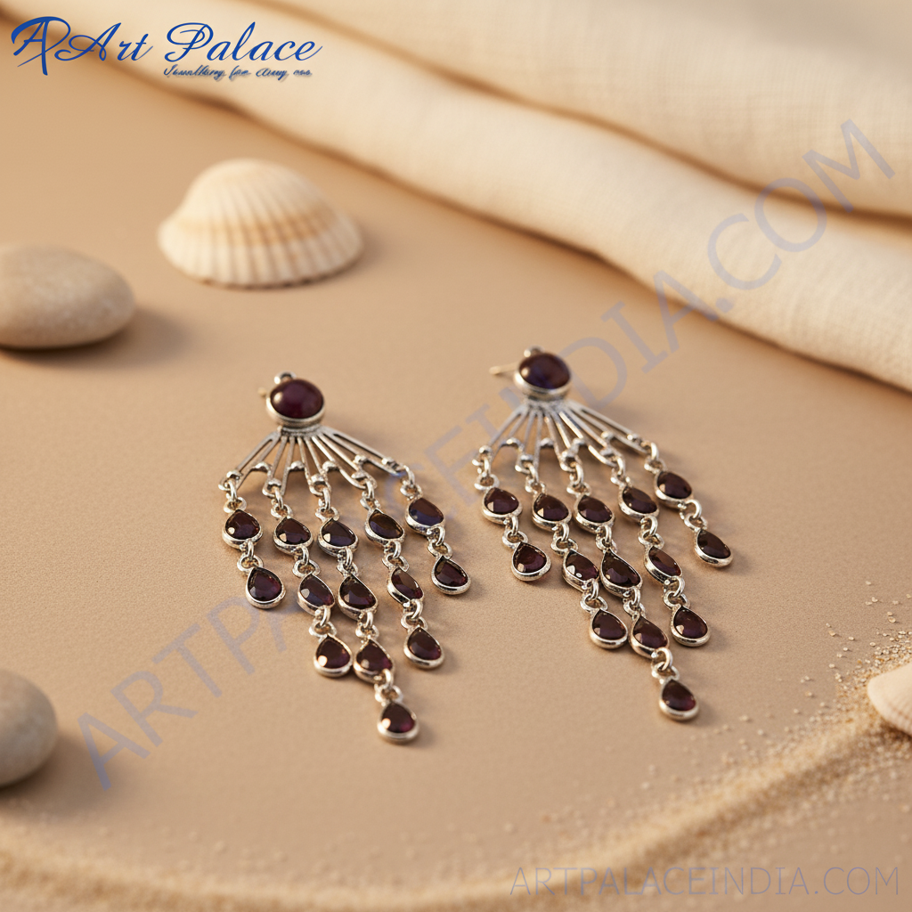 Silver dangle drop earrings with garnet | chandelier earrings