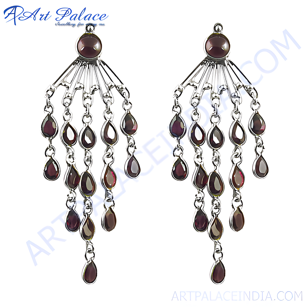 Silver chandelier earrings featuring teardrop garnet gemstones