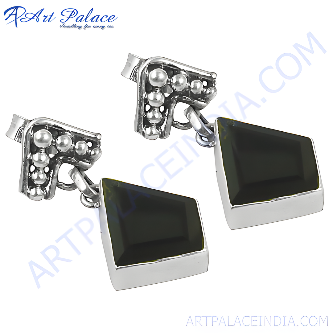 Sterling silver stud earrings with black onyx gemstones, showcasing a geometric design for women.