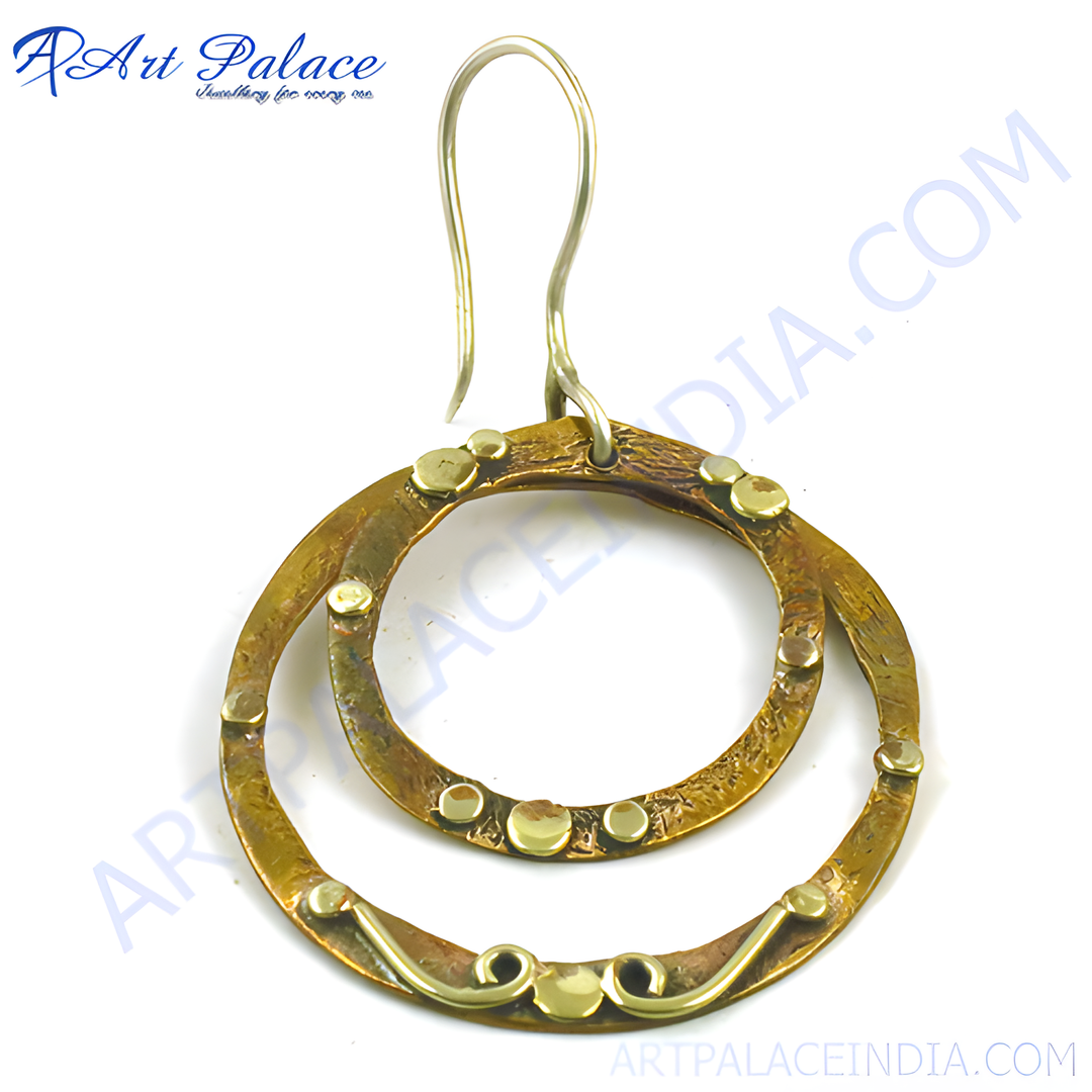 Brass circle drop earrings with gold accents, designed for women's fashion jewelry.