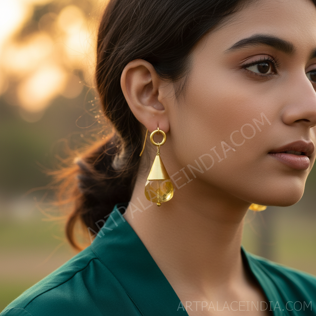 Gold Teardrop Earrings with Citrine Stone | Dangle Earrings for Women