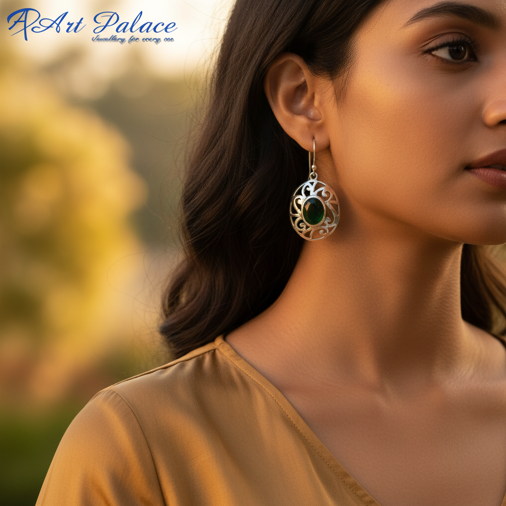 925 Silver Oval Green Stone Drop Earrings for Women