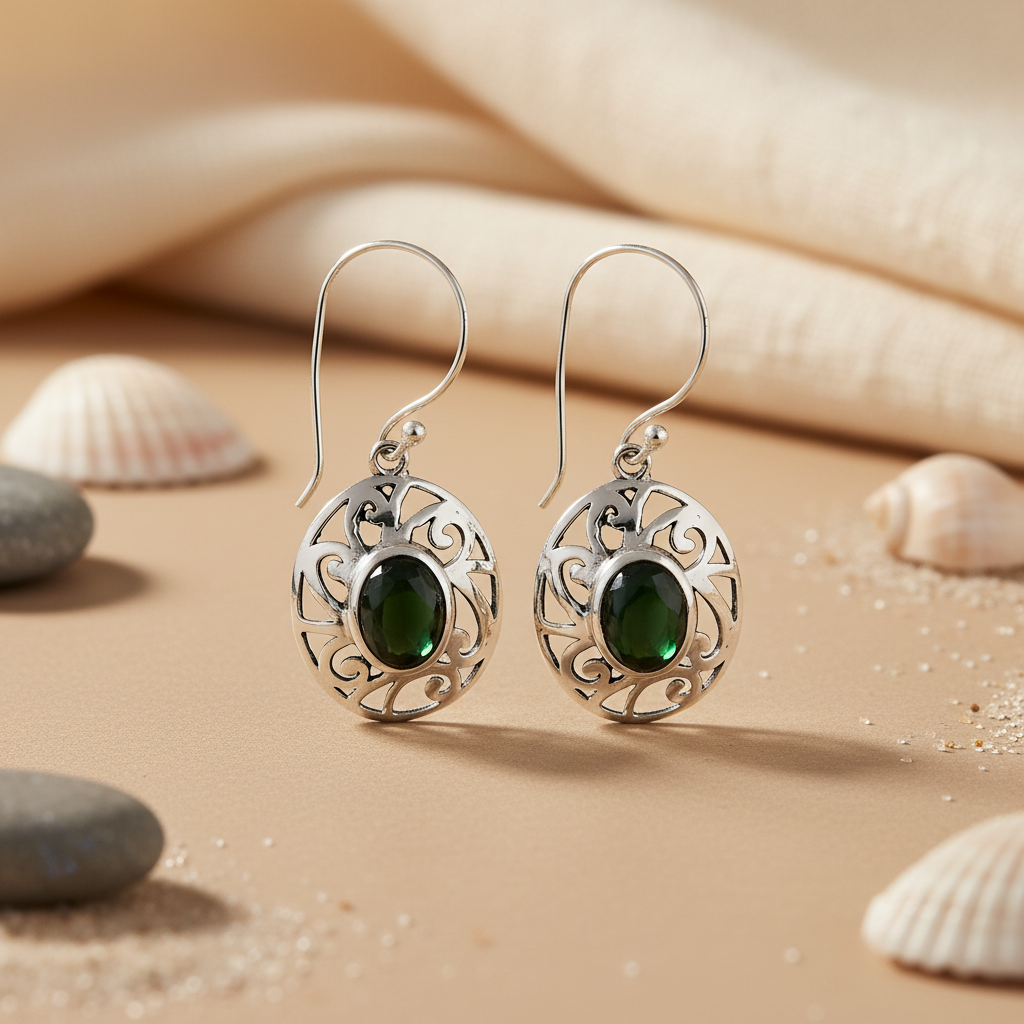 925 Silver Oval Green Stone Drop Earrings for Women