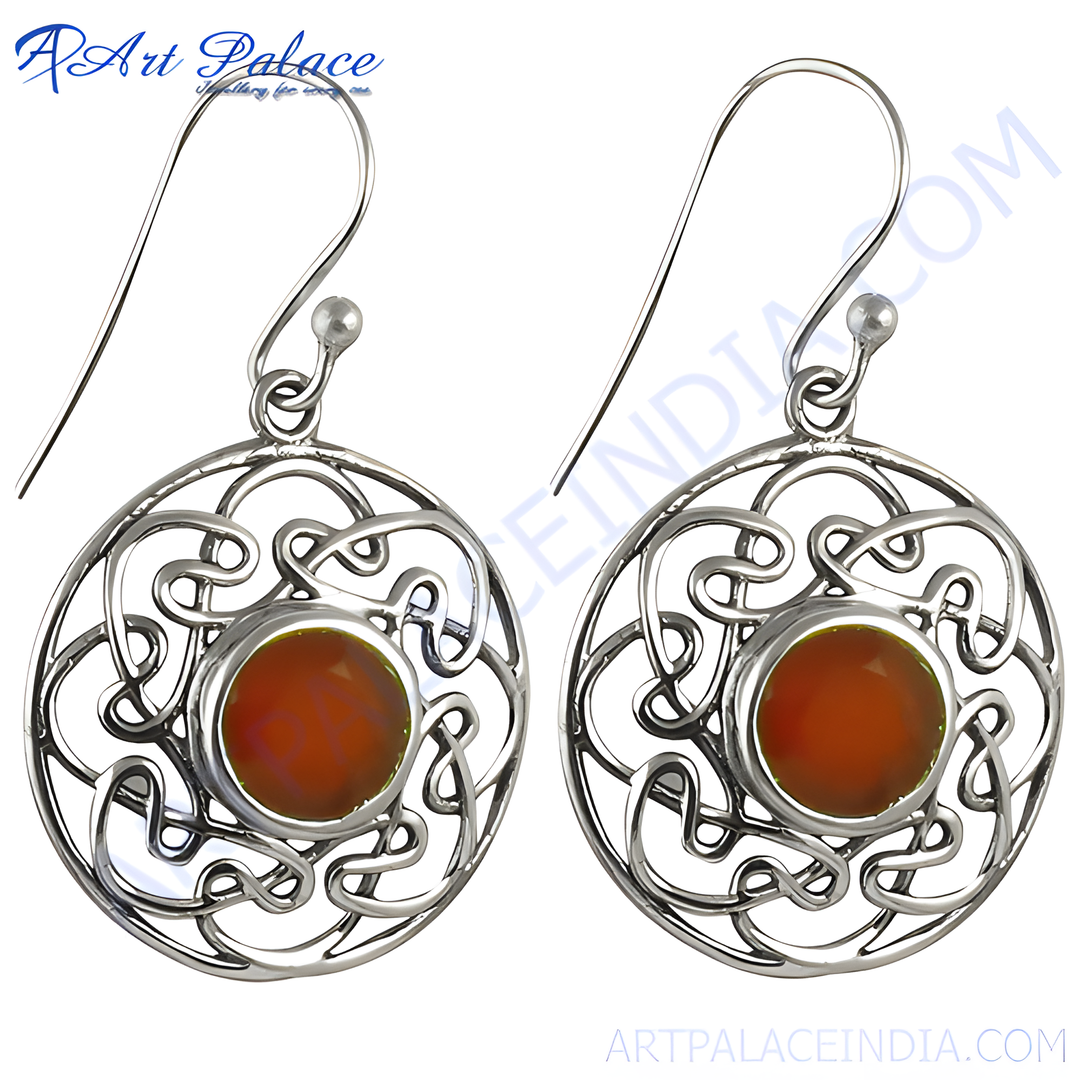 925 sterling silver dangle earrings with round carnelian gemstone and celtic knot design.