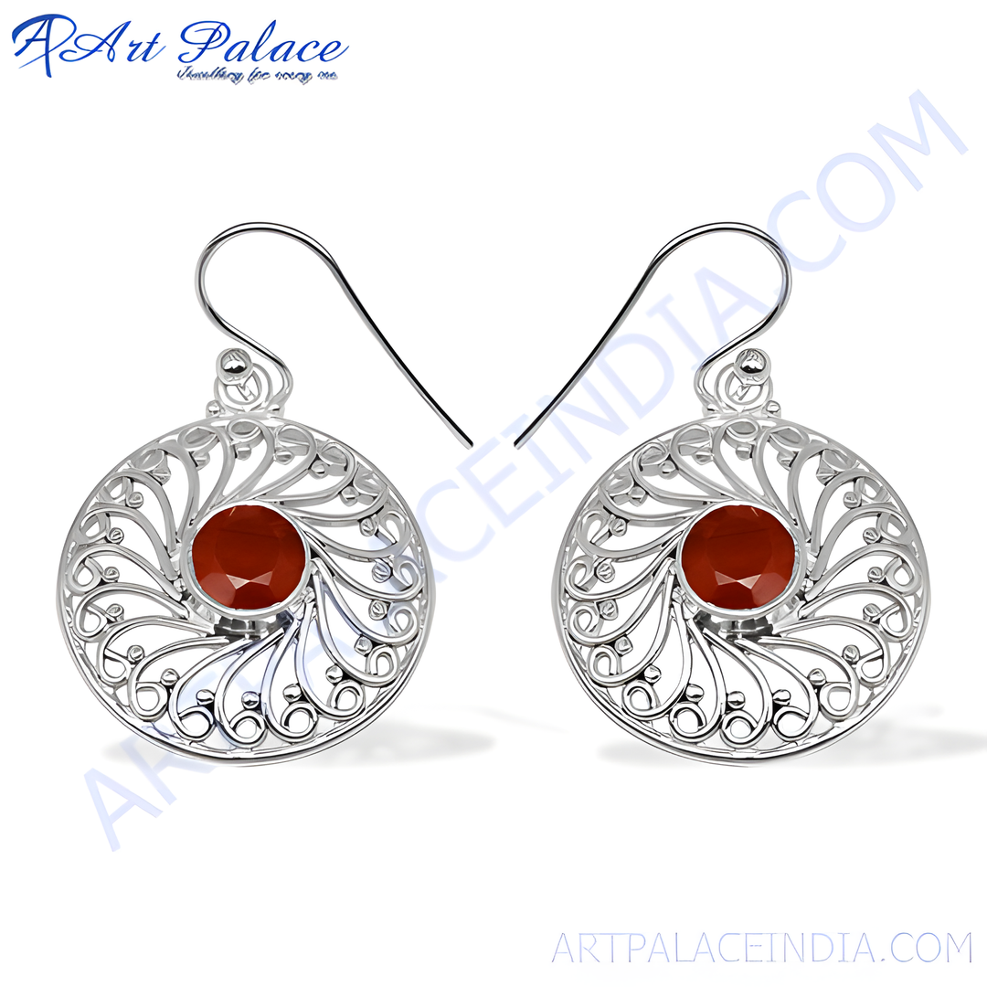 925 sterling silver dangle earrings with a red ruby gemstone center and ornate filigree design