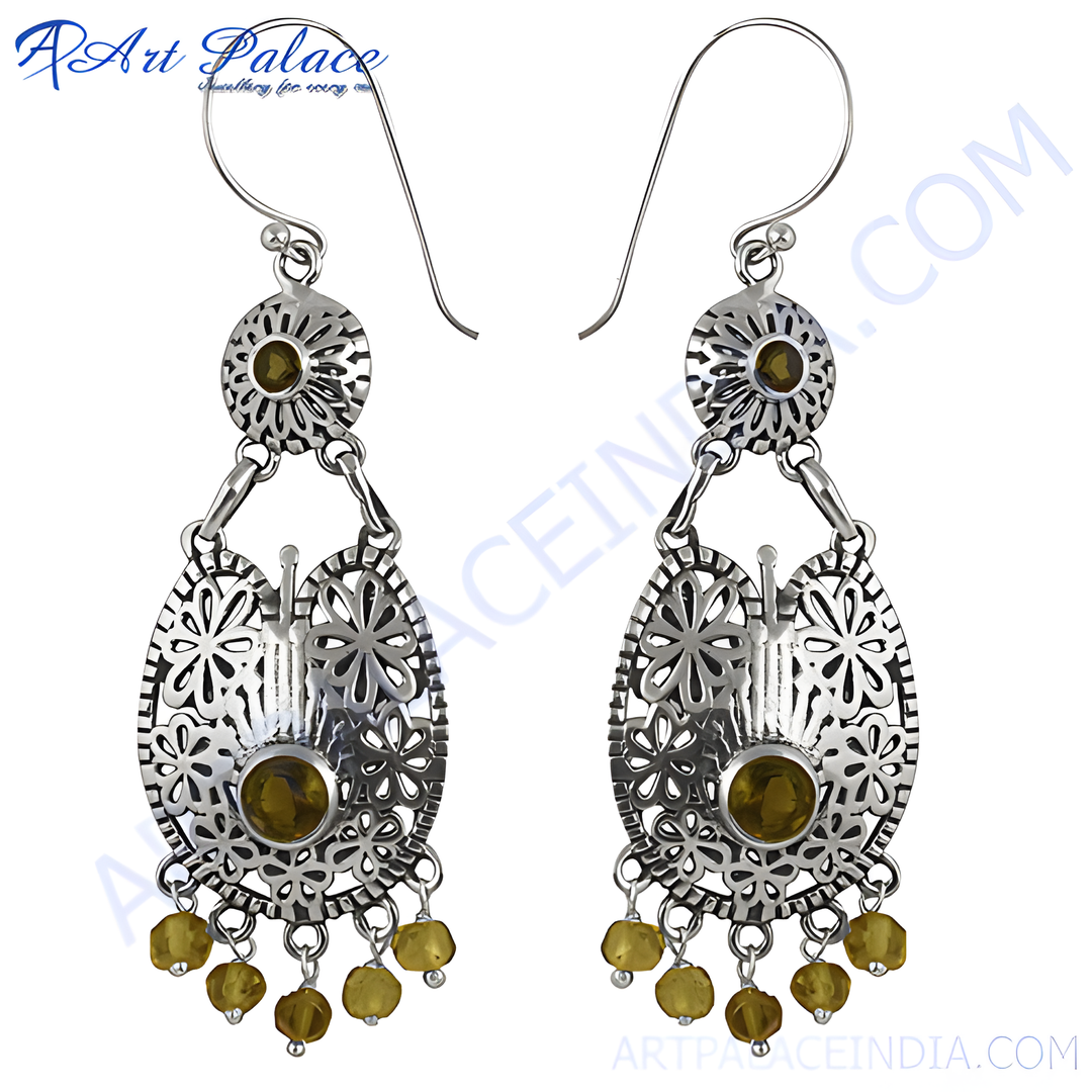 925 sterling silver dangle earrings with citrine gemstones and intricate openwork design