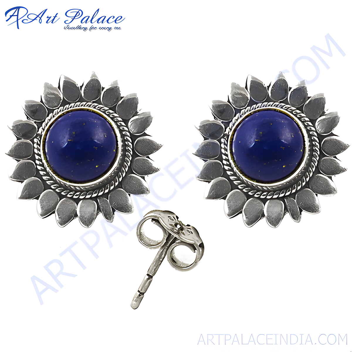 925 sterling silver stud earrings with a blue lapis lazuli gemstone center and a floral design