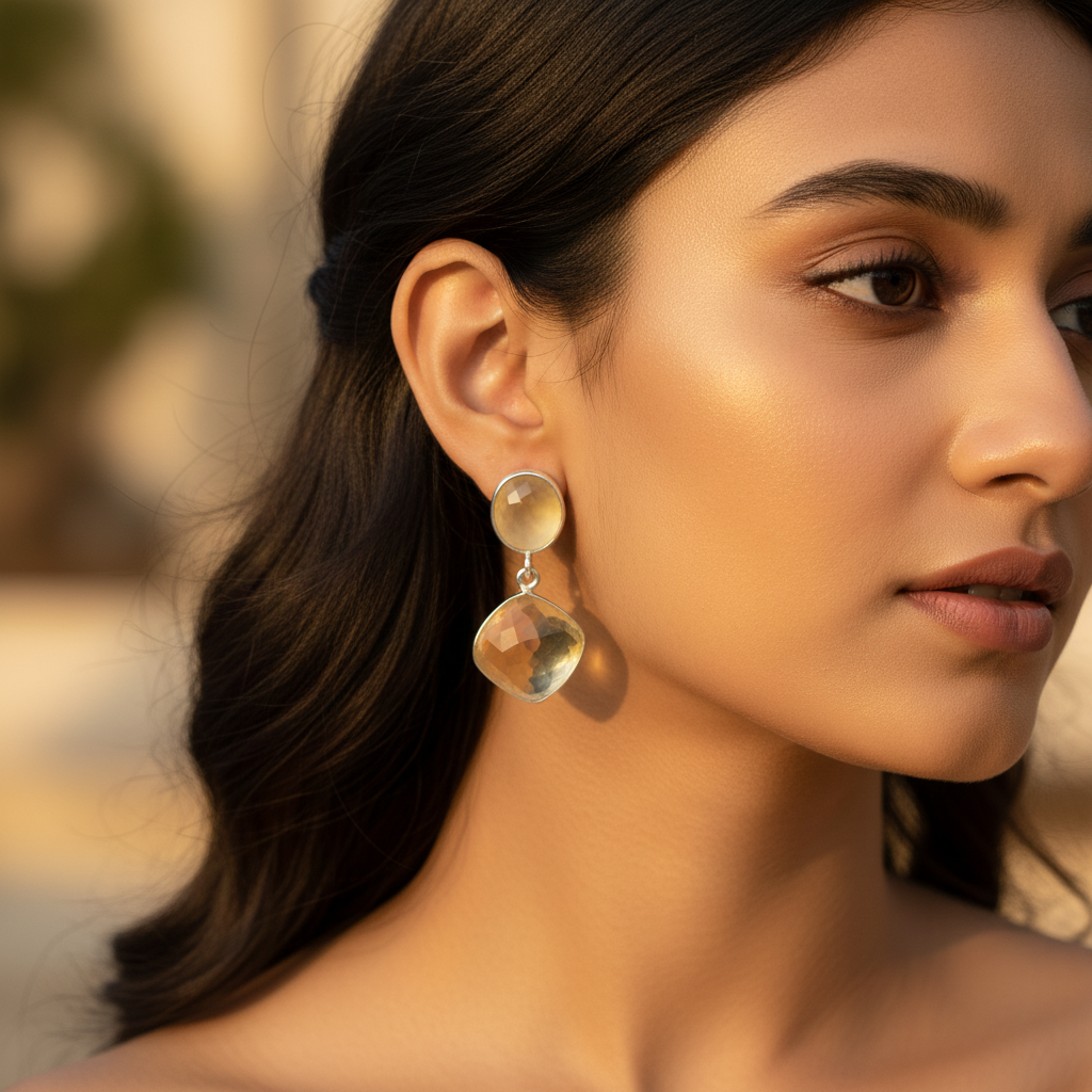 925纯银黄水晶水滴耳环，女士款 | 日常佩戴