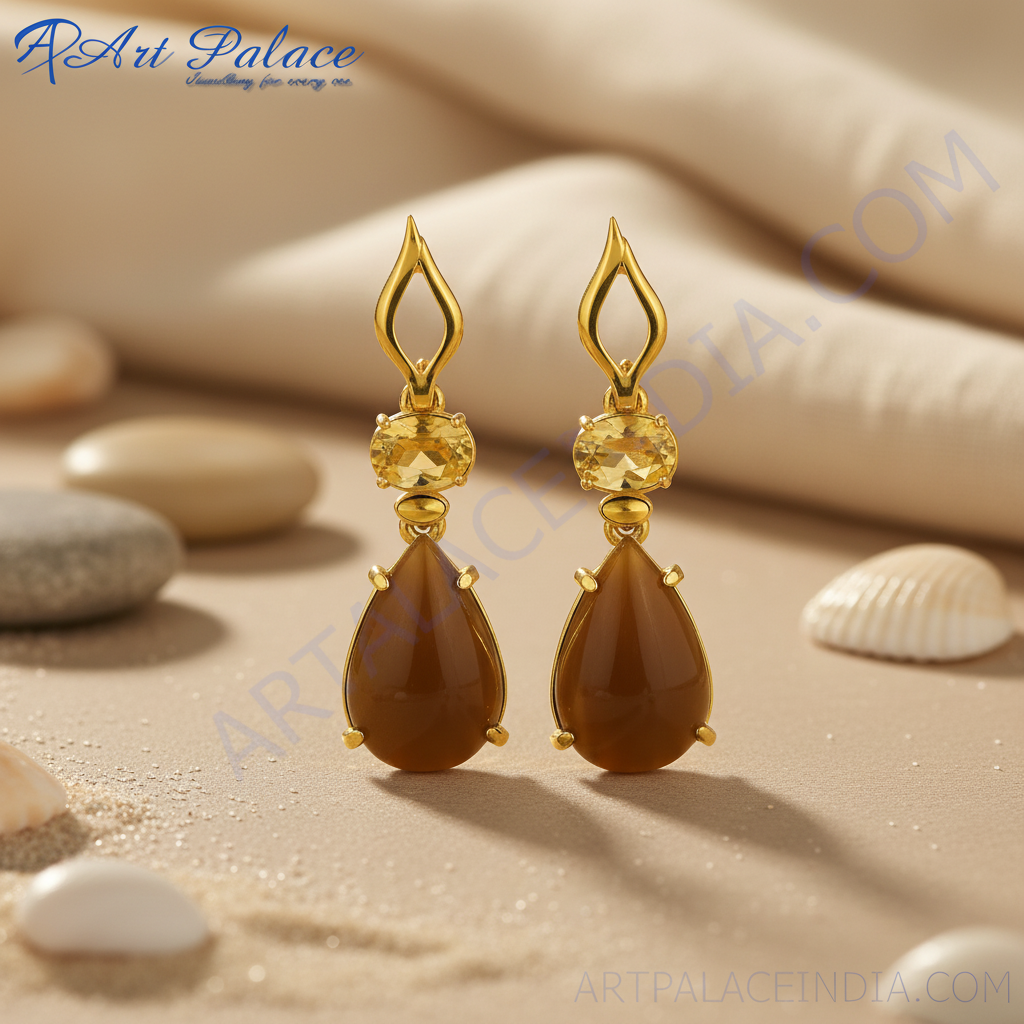 Gold teardrop earrings with citrine & brown gemstones | gift for her