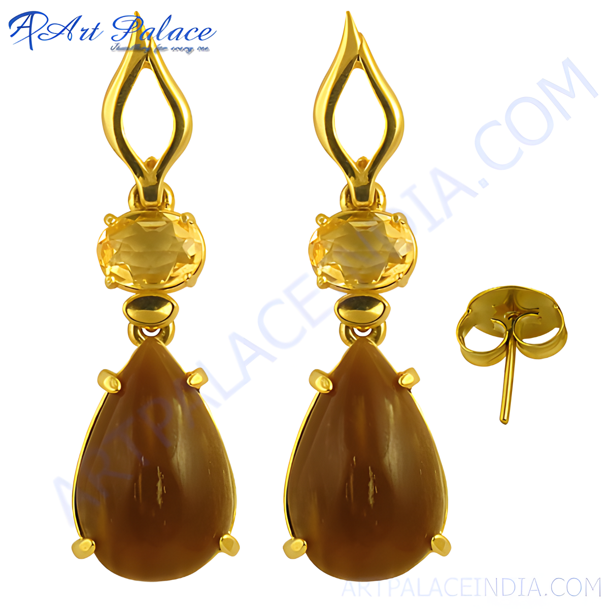 Gold teardrop earrings featuring citrine and brown gemstones, perfect for women