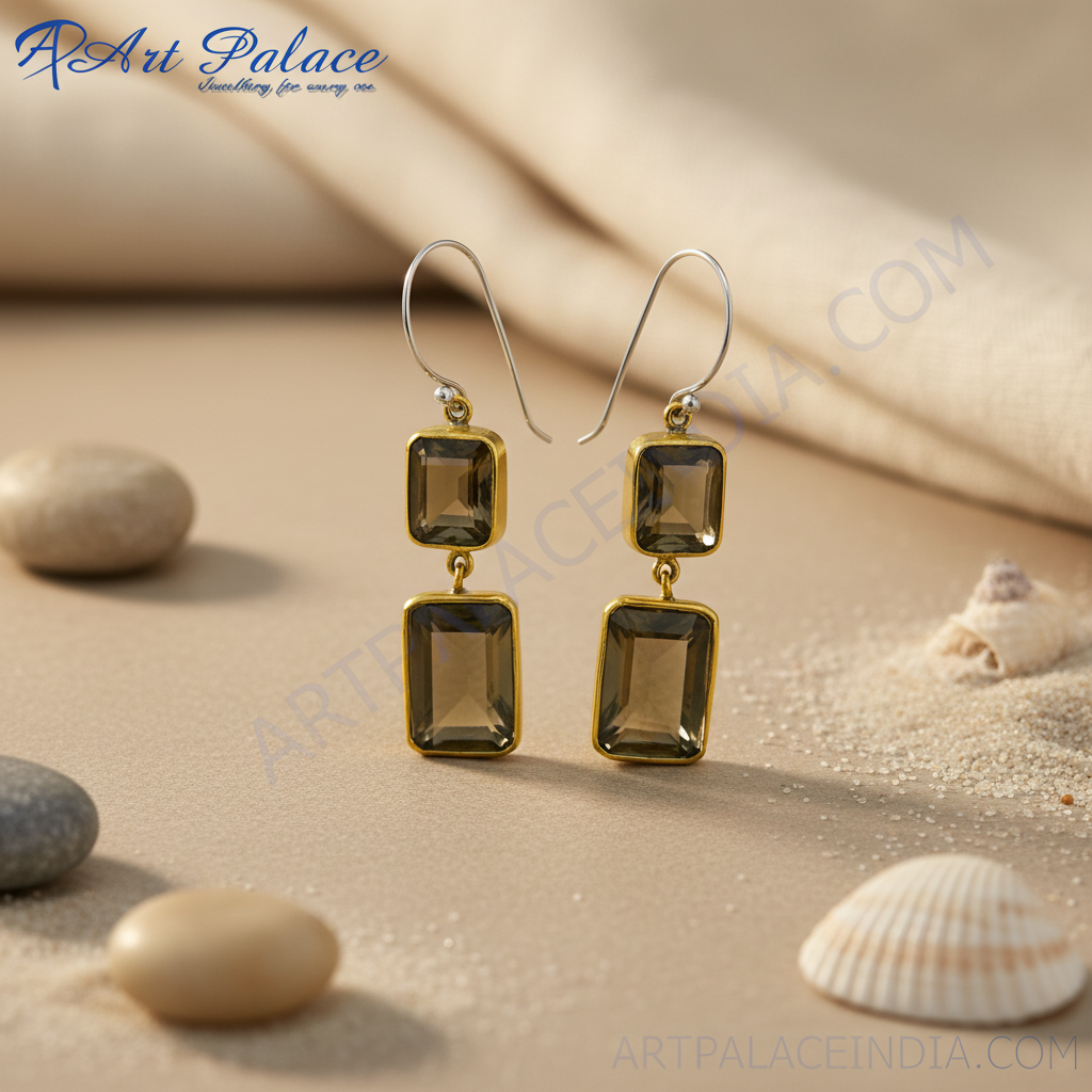 Gold Plated Smokey Quartz Drop Earrings for Women | Gift