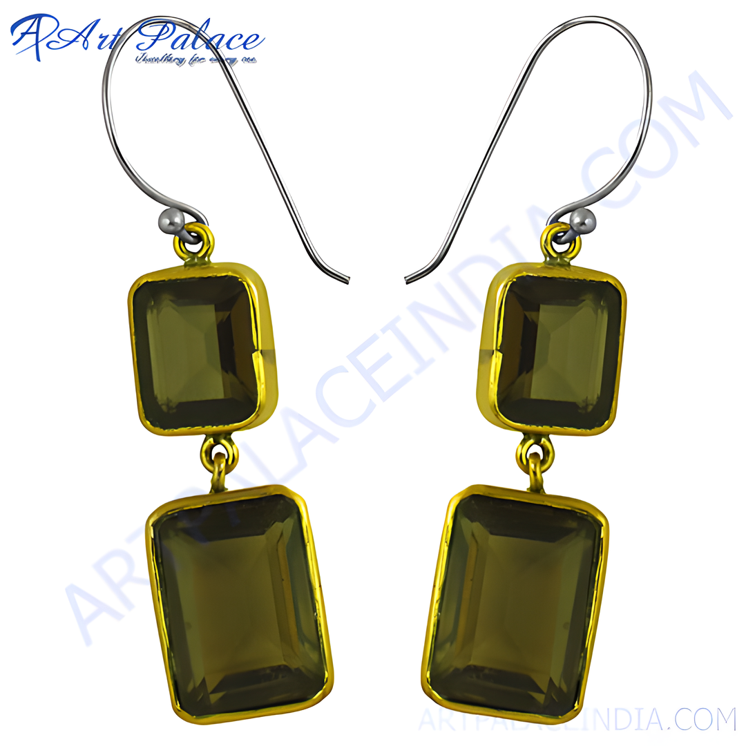 Gold plated drop earrings featuring rectangular smokey quartz gemstones, elegant design for women