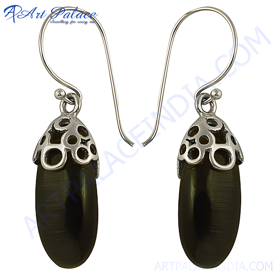 925 sterling silver dangle earrings with dark green cat's eye gemstones