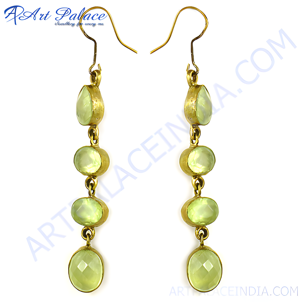 Gold dangle earrings with light green peridot gemstones, perfect for any occasion