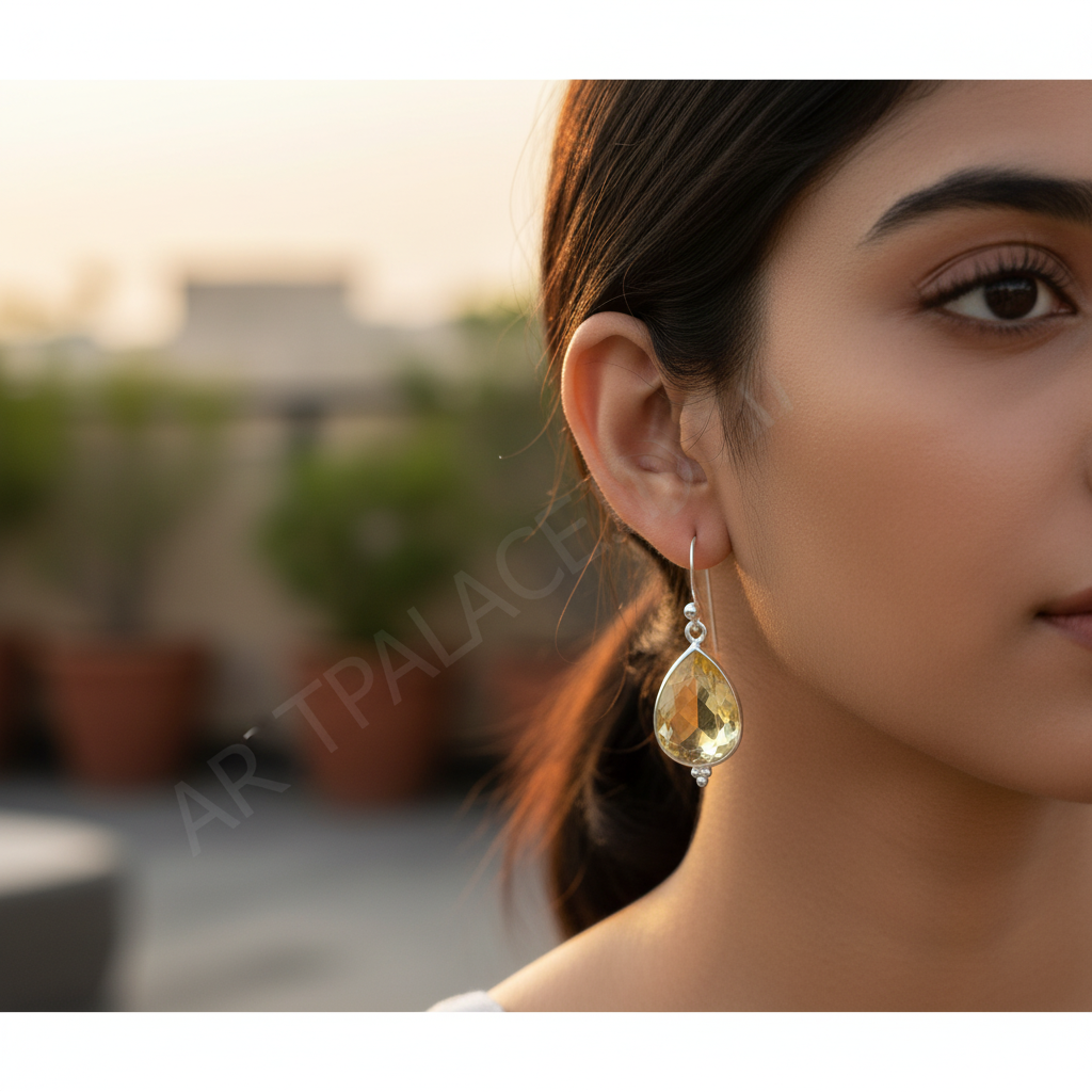 925纯银黄水晶水滴耳环（女士款）| 宝石首饰