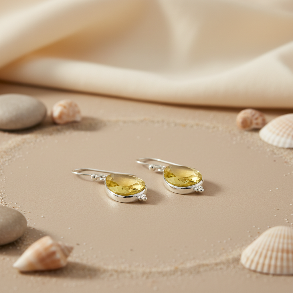 925纯银黄水晶水滴耳环（女士款）| 宝石首饰