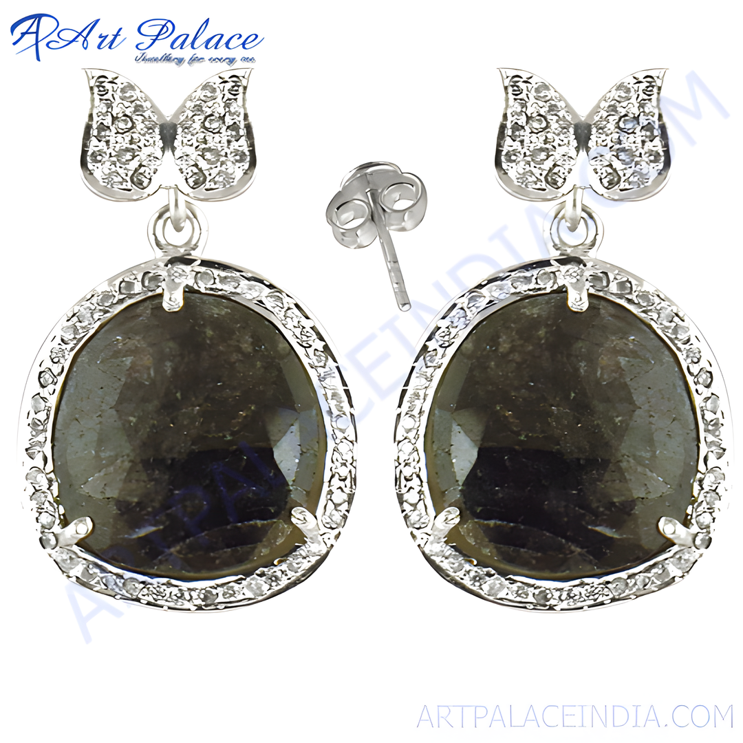 925 sterling silver stud earrings with large oval labradorite gemstones and butterfly design.