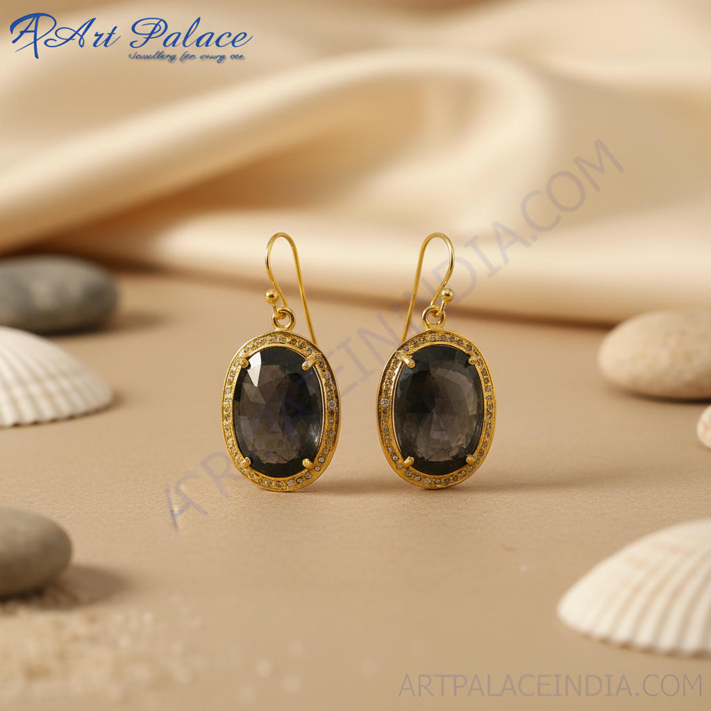 Gold oval sapphire earrings with diamonds for women | fine jewelry