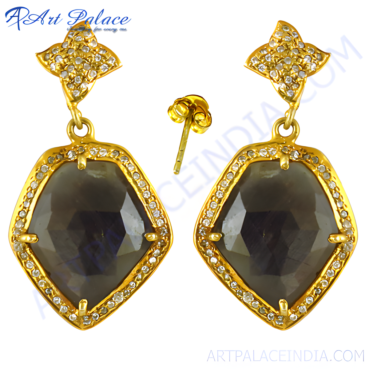 Gold teardrop dangle earrings with sapphire gemstones and diamond accents, perfect for women