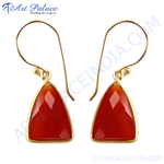 Load image into Gallery viewer, Gold dangle earrings with vibrant red-orange carnelian gemstones. Featuring a triangular shape and gold-plated setting.
