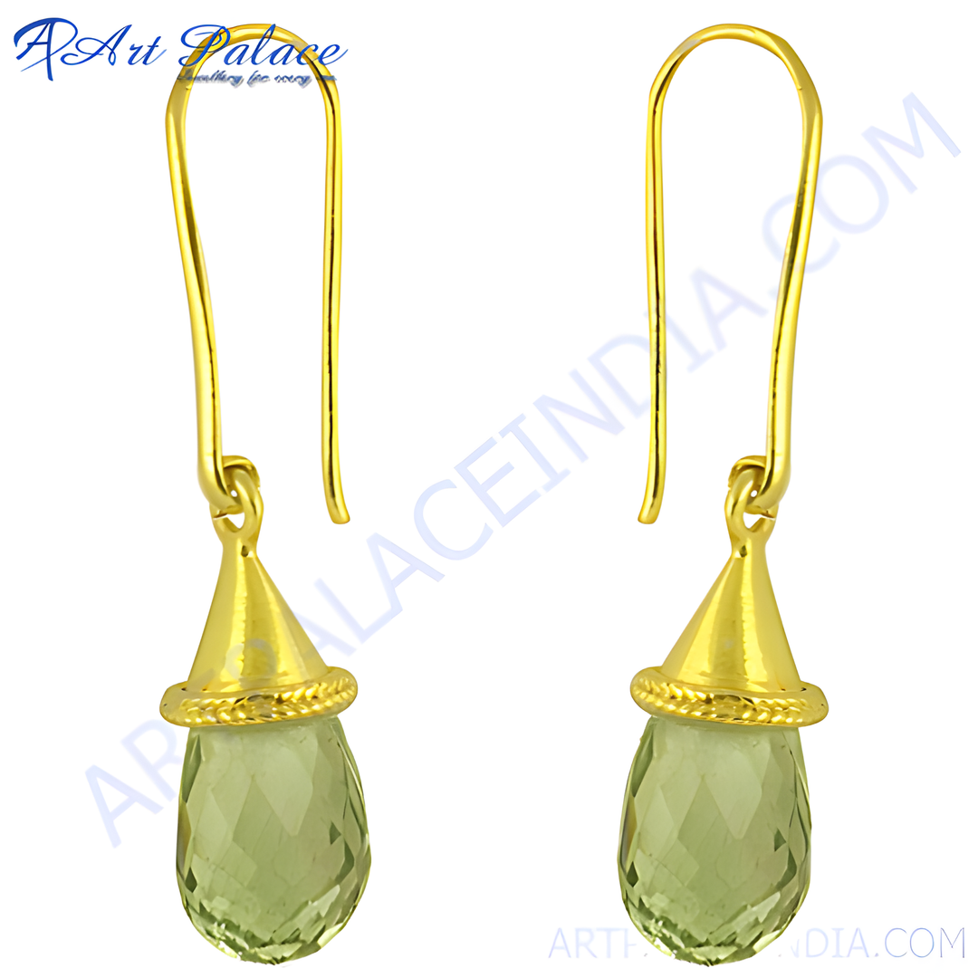 Gold dangle earrings featuring pear-shaped green amethyst gemstones, perfect for women.