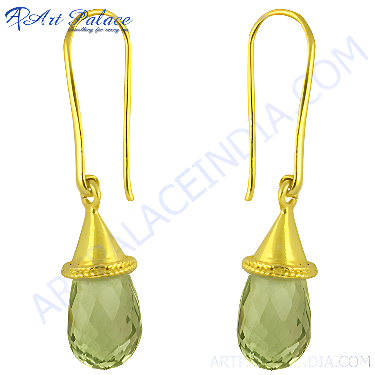 Gold dangle earrings featuring pear shaped green amethyst gemstones, perfect for women