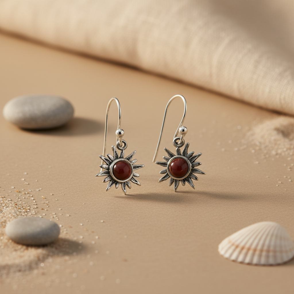 925 Silver Sunburst Earrings with Red Gemstone | Women's Jewelry