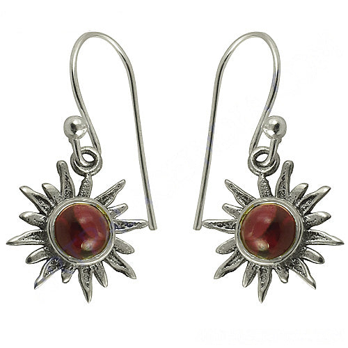 925 Silver Sunburst Earrings with Red Gemstone | Women's Jewelry