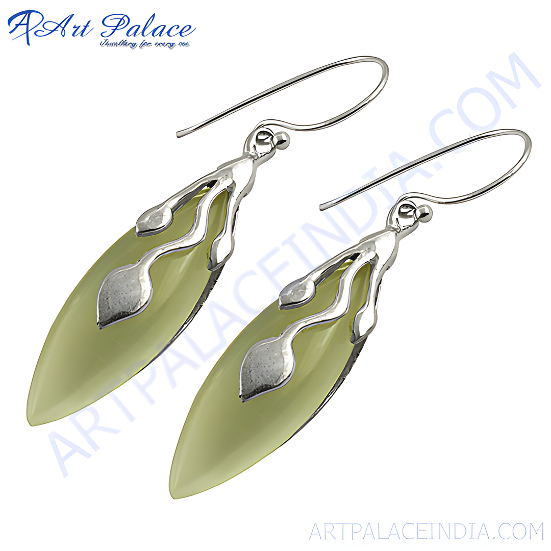 Silver drop earrings with green gemstone. Elegant design for women.