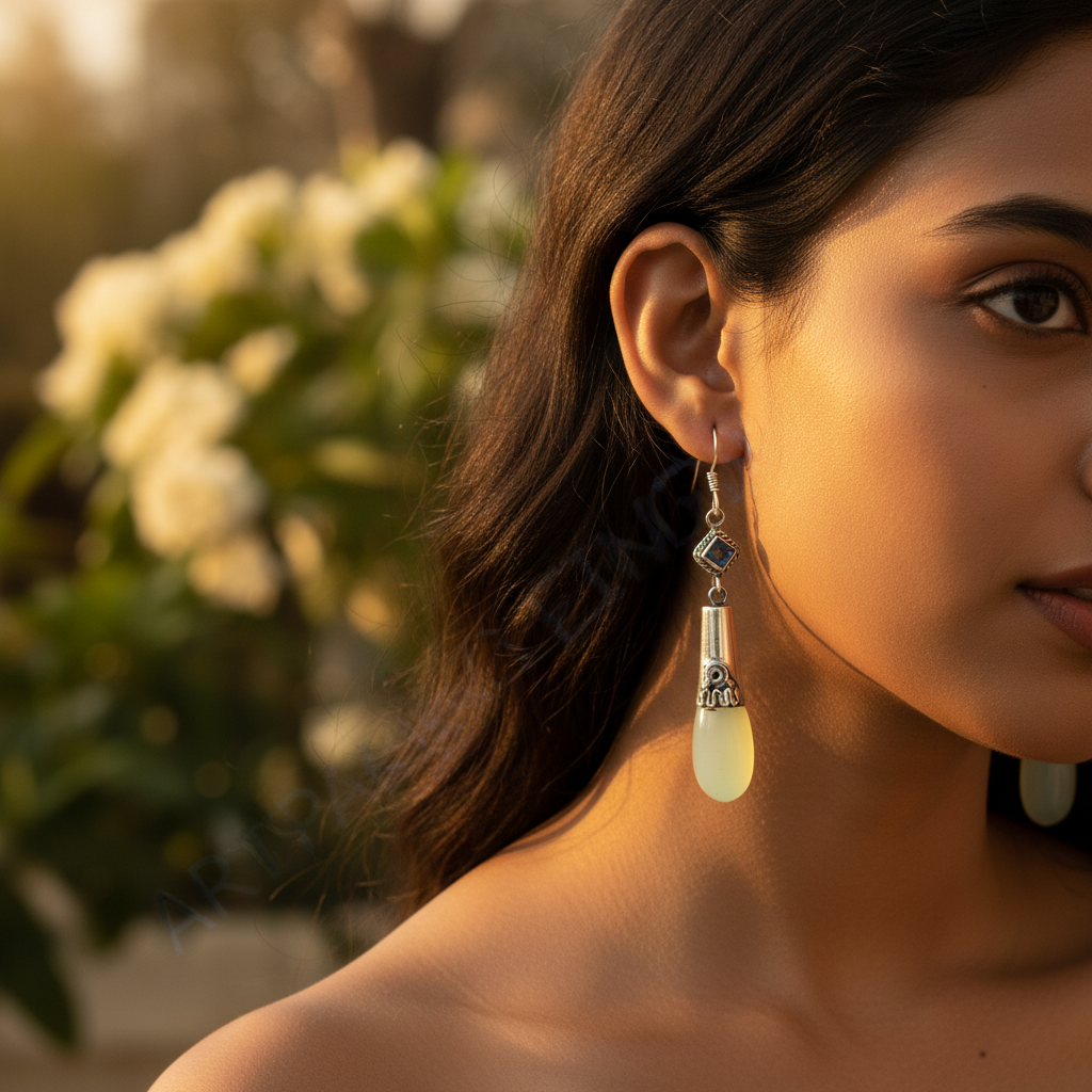 925 Silver Green Gemstone Dangle Earrings | Women's Jewelry