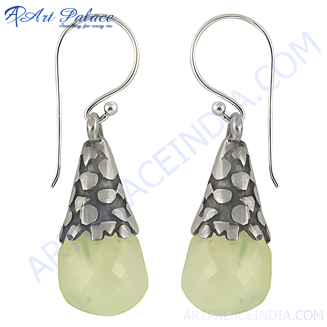 925 sterling silver drop earrings with faceted light green quartz gemstones, elegant style.