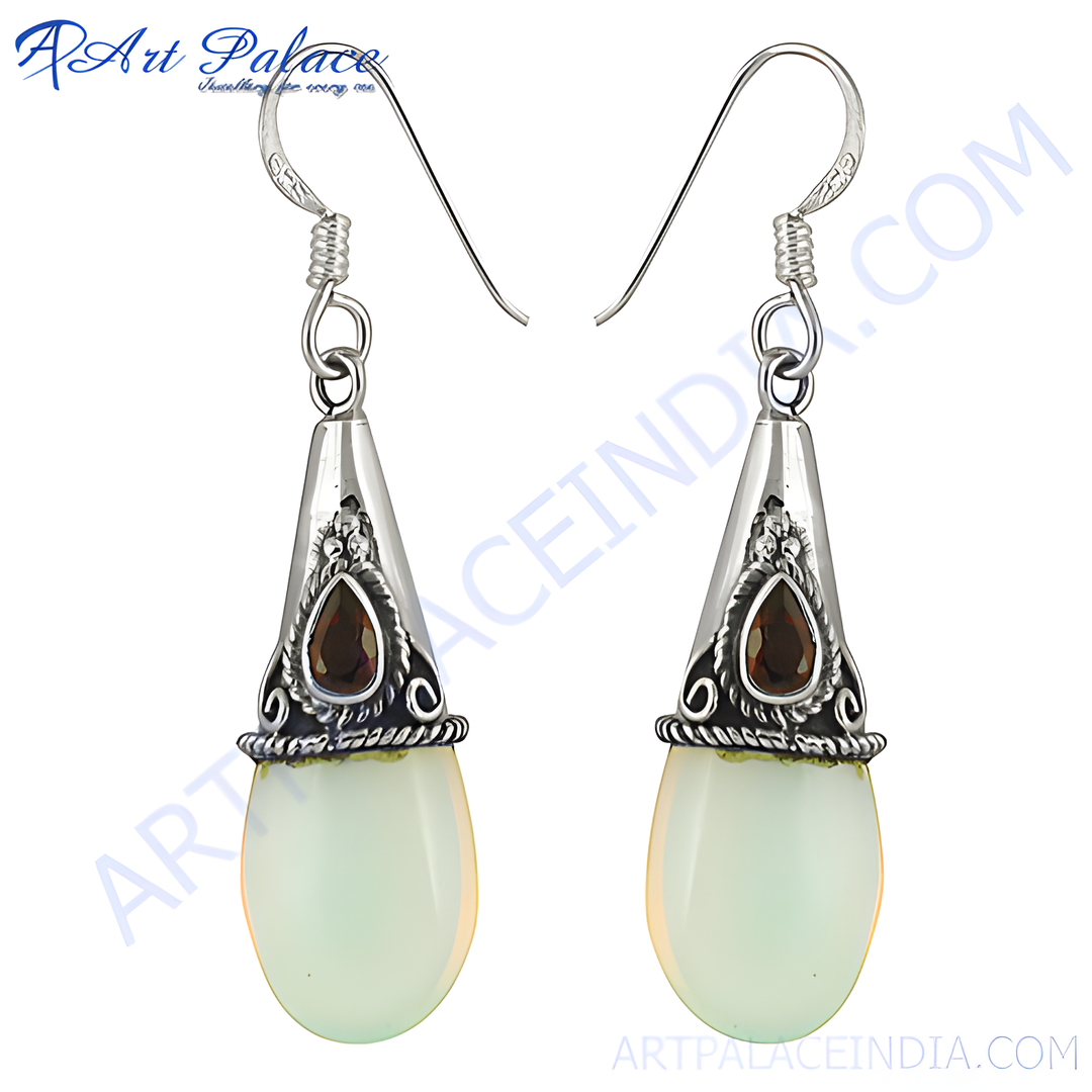 925 sterling silver opal teardrop dangle earrings with brown accents.