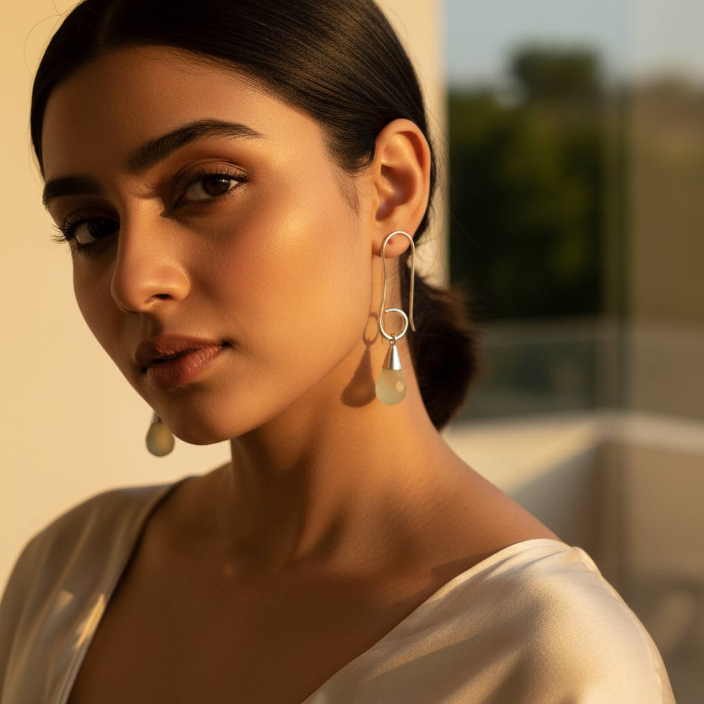 银色水滴耳环，镶嵌绿色宝石 | 女士款