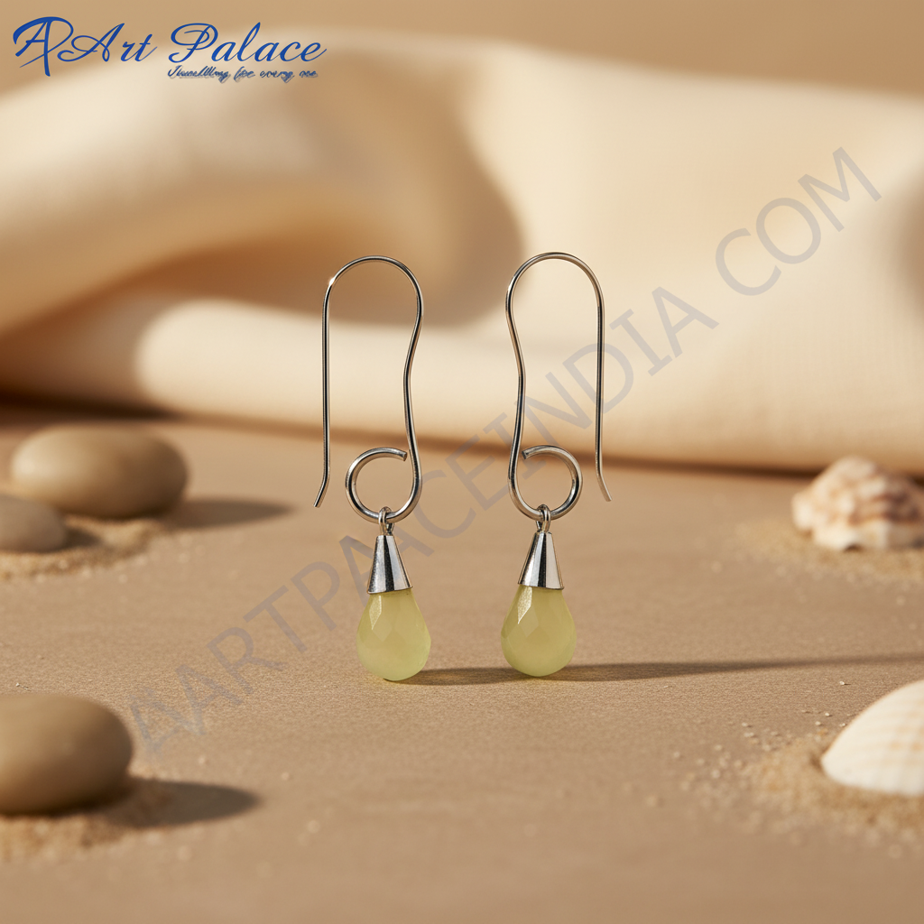 银色水滴耳环，镶嵌绿色宝石 | 女士款