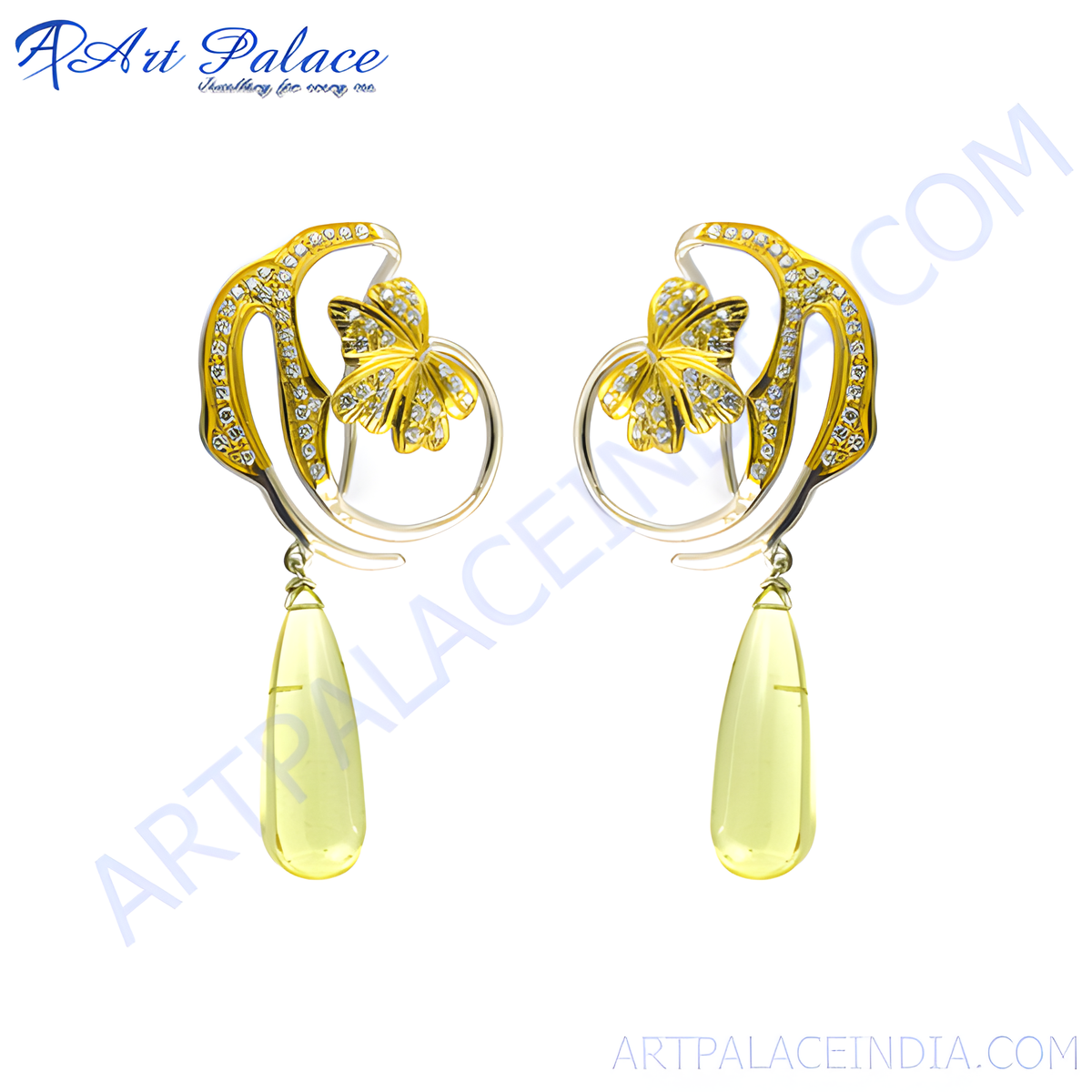 Gold dangle earrings featuring a floral design with diamonds and yellow gemstone drops