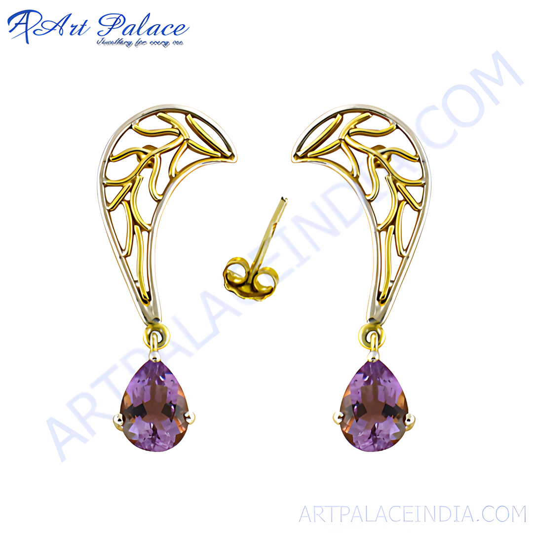 Gold and silver dangle earrings with pear-shaped amethyst gemstones, purple earrings