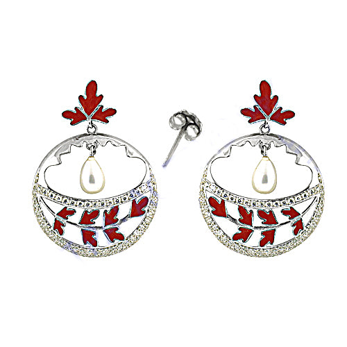 Silver Red Enamel Leaf Drop Earrings | Women's Fashion Jewelry
