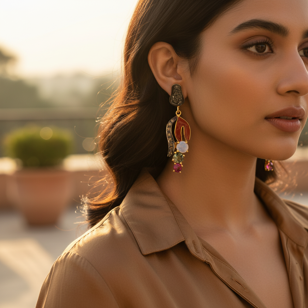 Gold Dangle Earrings with Multicolor Gemstones | Luxury Earrings