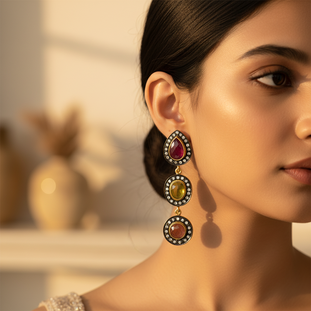 Gold Ruby & Sapphire Dangle Earrings for Women | Statement Jewelry