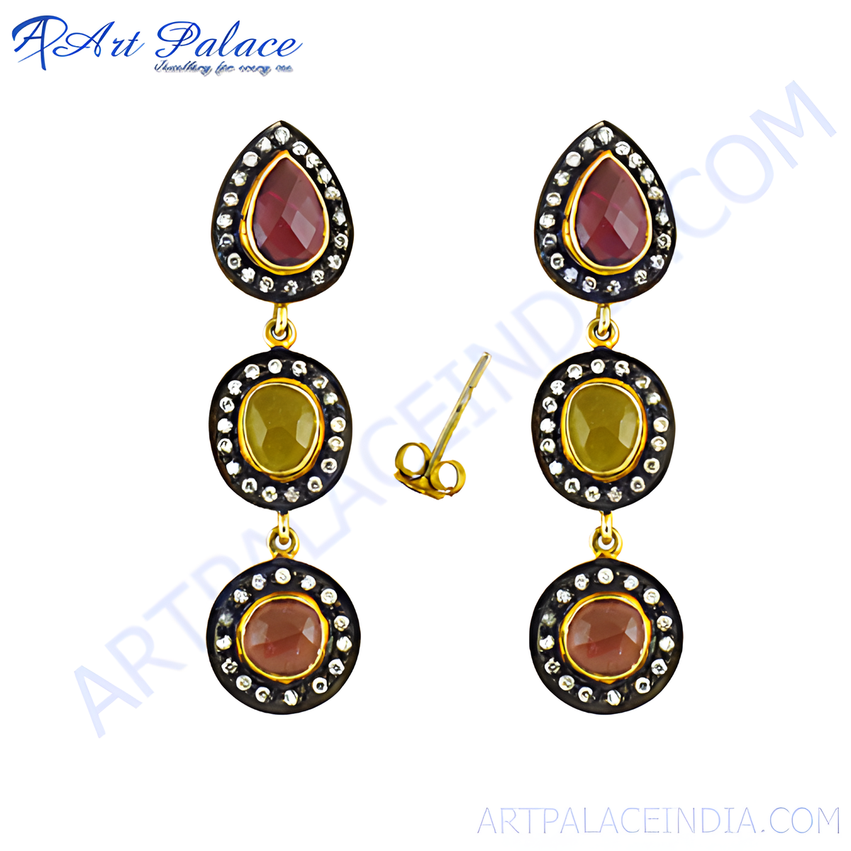 Gold dangle earrings with ruby and sapphire gemstones, perfect for special occasions