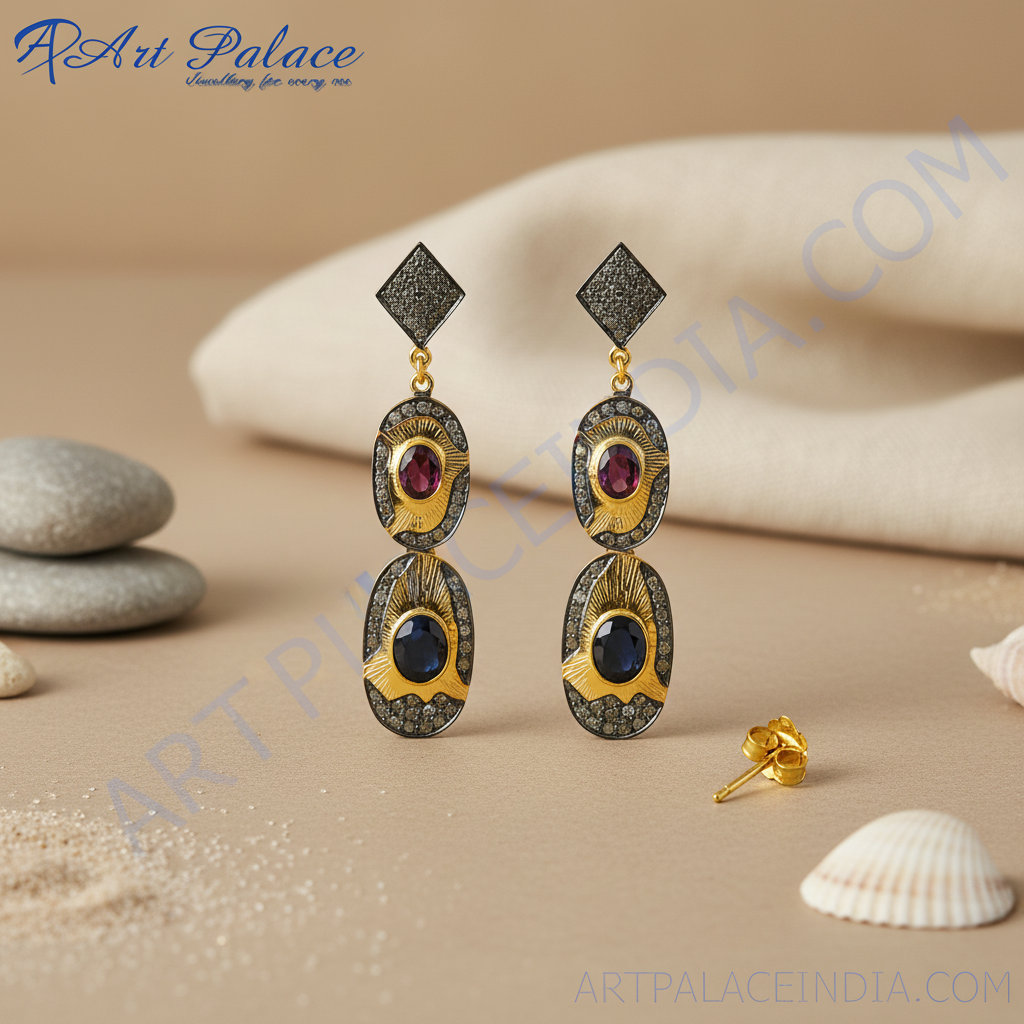 Gold ruby & sapphire dangle earrings | luxury jewelry gift