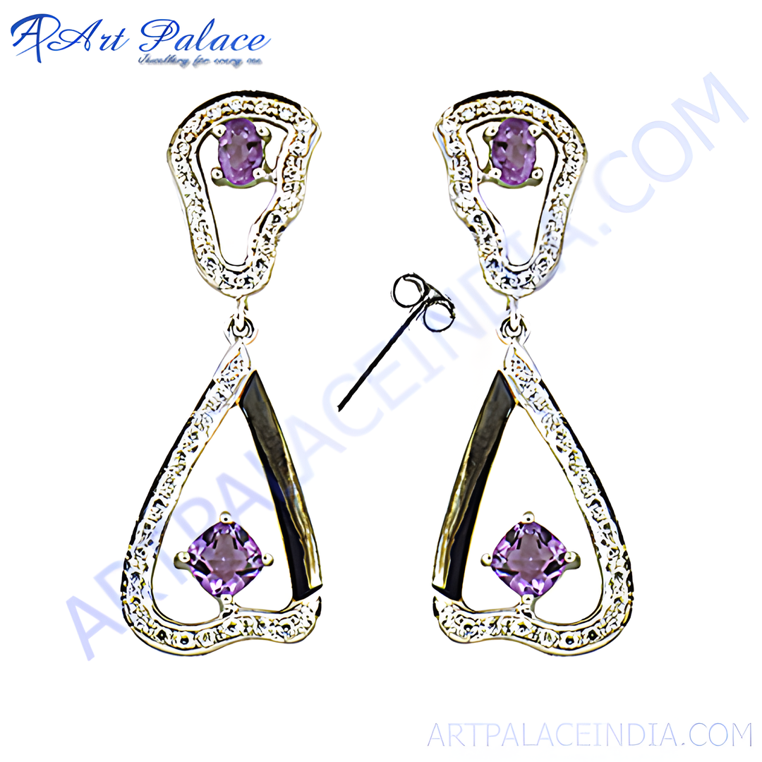 Sterling silver dangle earrings with purple amethyst gemstones and cubic zirconia accents